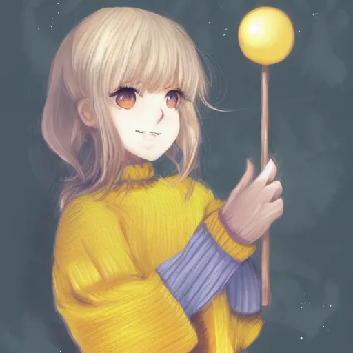 Image similar to full headshot portrait of a blond girl in a yellow sweater with a large ball of sweet cotton wool on a stick, drawn by wlop, by avetetsuya studios, attractive character, colored sketch anime manga panel, cirno from touhou, trending on artstation