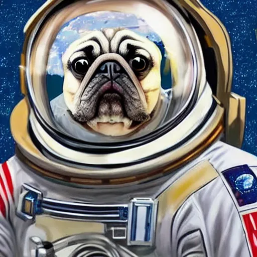 Image similar to hyper realistic, highly detailed, astronaut pug in space.