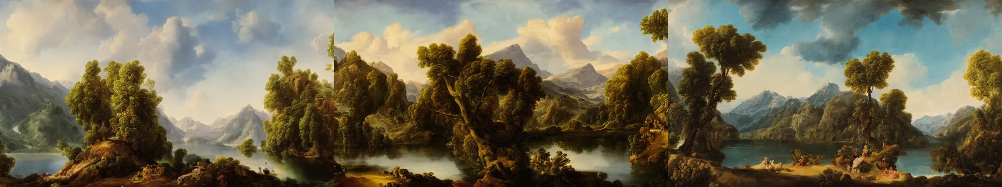 Prompt: lakeside mountains, rococo