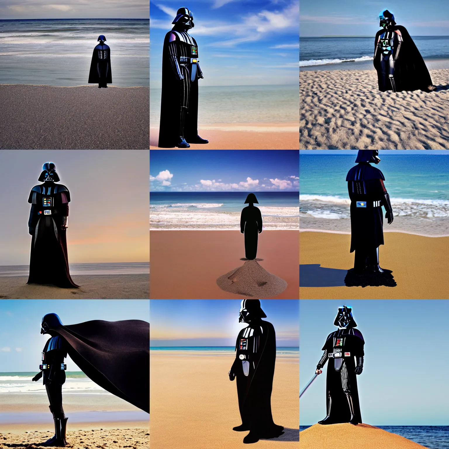 Prompt: darth vader standing on top of a sandy beach, a stock photo by elizabeth durack, tumblr, regionalism, lighthearted, chillwave, high quality photo