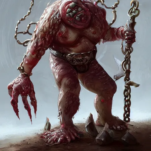 Image similar to a fat fleshy abomination four-arms butcher holding a cleaver and a hook hand, flesh wounded, four arms, chained hook, cleaver knife, meats on the ground, in the style of greg rutkowski, fantasy rpg, league of legends