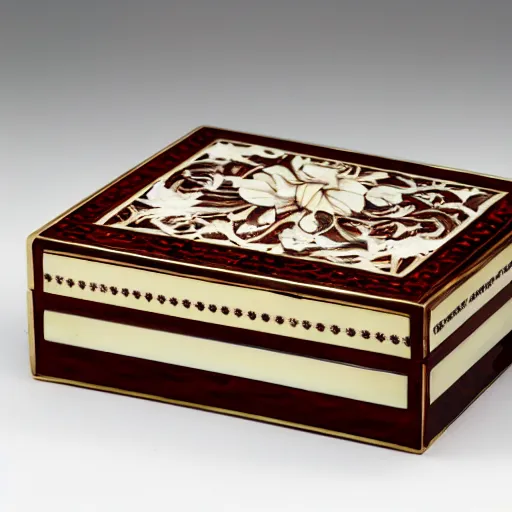 Image similar to carved ivory box with inlaid rubies, studio photography, black background