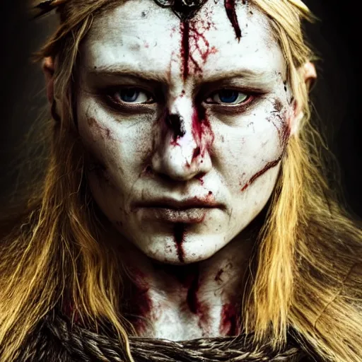 Prompt: Ultrawide realistic photo of a bloody fierce viking woman, injured, battle-scarred mind-blowing details, hyperrealism, highly detailed face, ethereal, sadness, luxury, ominous, scarred, highly detailed, viking attire, cinematic, 16k, 1080s, smooth, sharp focus, by Stanley Artgermm, WLOP, trending on DeviantArt, trending on ArtStation, digital art, Smooth gradients, depth of field, shot on Canon Camera