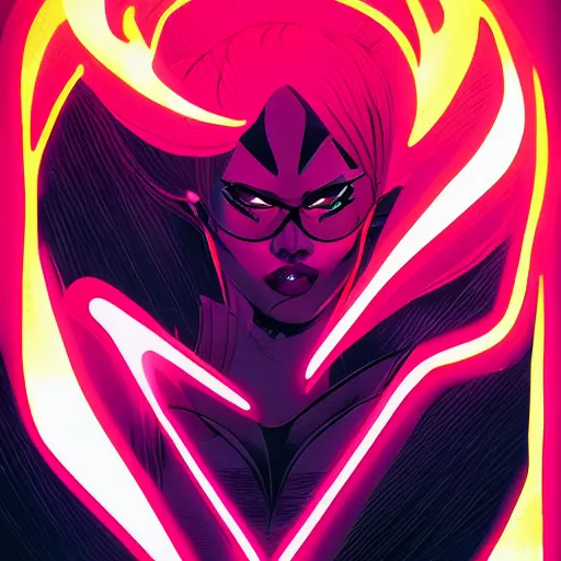 Prompt: flame neon on a black color scheme with fluorescent fire, in the graphic style of Patrick Gleason, detailed art, trending on Artstation, sharp focus, Beautiful comic art