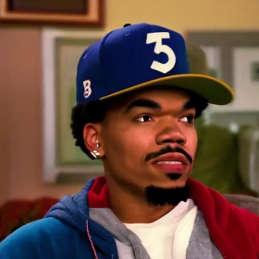 Image similar to a tv still of Chance The Rapper starring as a college student in a 1990 tv sitcom, 40mm lens