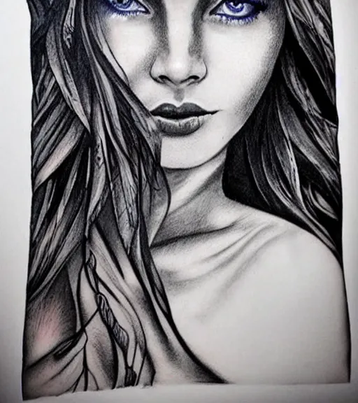 Image similar to tattoo design sketch of a beautiful blue - eyed woman face with a faded background of beautiful mountains and nature on her side, hyper - realistic, in the style of den yakovlev, amazing detail, black and white