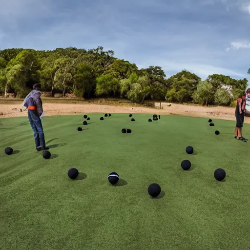 Prompt: a professional photograph of crocodiles playing petanque, wide angle, 4 k