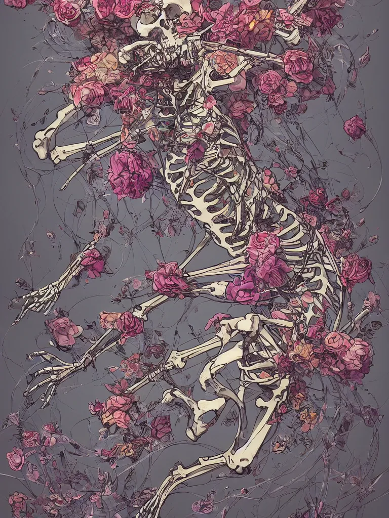 Prompt: a photo of a skeleton covered in flowers in a dynamic pose, in the style of james jean and peter mohrbacher, highly detailed, soft lighting, trending on artstation