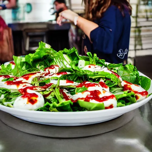 Prompt: a giant salad that is the size of a building, with mozzarella and a lot of sauce, small people around, culinary art photography, award winning photography