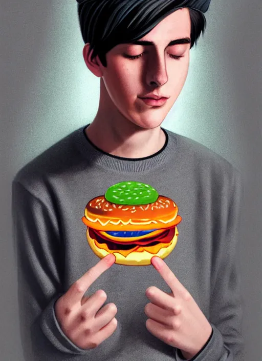 Image similar to portrait of teenage jughead jones wearing a light grey crown, symmetrical crown, sweater with picture of hamburger, eyes closed, crown, black hair, orange, intricate, elegant, glowing lights, warm lighting, highly detailed, digital painting, artstation, concept art, smooth, sharp focus, illustration, art by wlop, mars ravelo and greg rutkowski