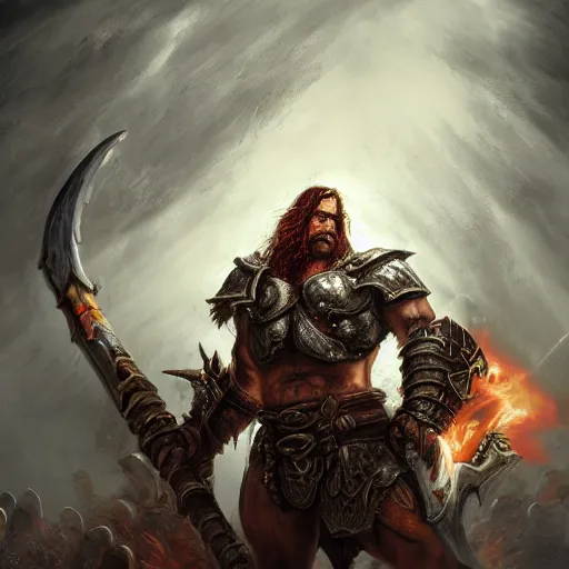 Image similar to a barbarian from diablo in heavy armor, artstation hall of fame gallery, editors choice, #1 digital painting of all time, most beautiful image ever created, emotionally evocative, greatest art ever made, lifetime achievement magnum opus masterpiece, the most amazing breathtaking image with the deepest message ever painted, a thing of beauty beyond imagination or words