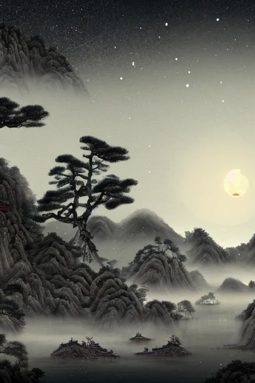 Image similar to chinese painting rendering of a surreal ancient chinese landscape, with a stream, little moon | moonlet, an ancient chinese pavilion and pine trees on the water surface, a dark starry sky, clouds, lighting in the pavilion, magical light fog, night, dim light, aestheticism, fantasy, 8 k, cinematic, zbrush, marmoset toolkit