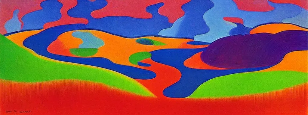 Prompt: Psychedelic sci-fi dreamworld. Landscape painting. Organic. Winding rushing water. Waves. Clouds. Landscape by Wayne Thiebaud. Matisse.