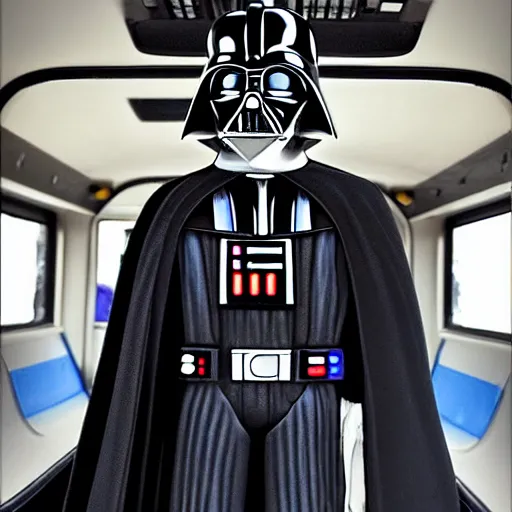 Image similar to Darth Vader taking the bus, photo realistic, award-winning, highly-detailed