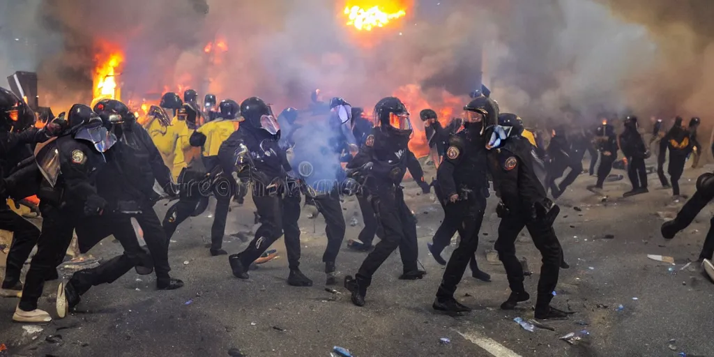 Prompt: photo of young men wearing multicolored tracksuits fighting cops in a riot with burning cars at night, close-up shot, editorial photography