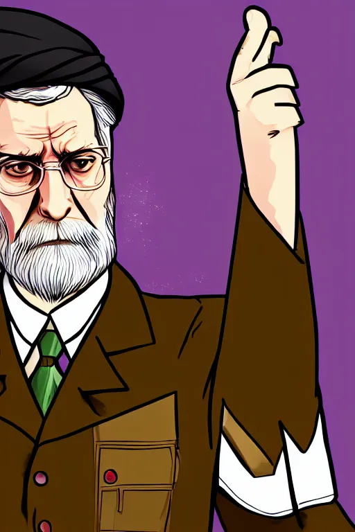 Prompt: angry ali khamenei, with pointing finger, delete duplicating content, parallel content, hyperrealistic anatomy content, violet polsangi pop art, gta chinatown wars art style, extreme quality masterpiece, bioshock infinite art style, incrinate, 2 color, white frame, content balance proportion