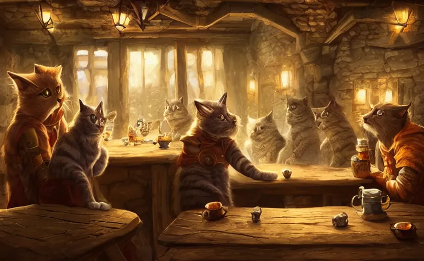 Image similar to mindblowing cat folk talking inside a tavern, fantasy art, cozy, dnd, digital art, 4 k, sharp, uhd