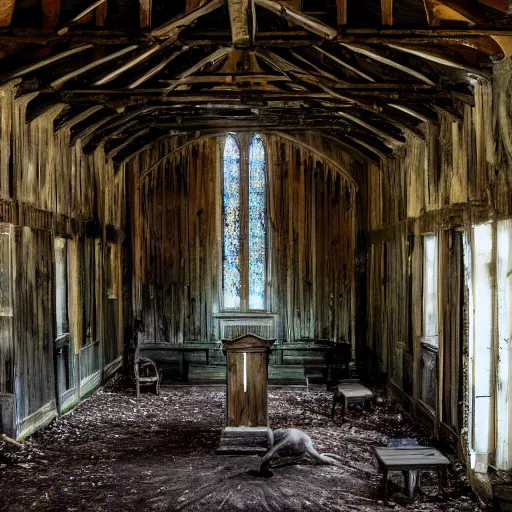 Image similar to shot of a monstruous creature inside of an old wooden church, louisiana, southern gothic,