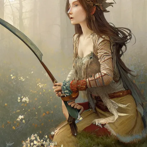 Prompt: elf fairy with a lute wearing a cardigan, blonde, highly detailed, intricate, digital painting, artstation, sharp focus, illustration, art by jakub rozalski, greg rutkowski, artgerm, tan zi and ayanamikodon and alphonse mucha and wlop