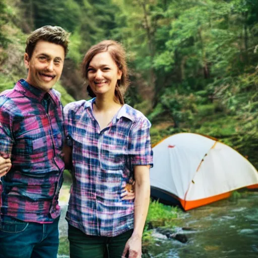 Prompt: portrait of two best in the nature, camping together near a river