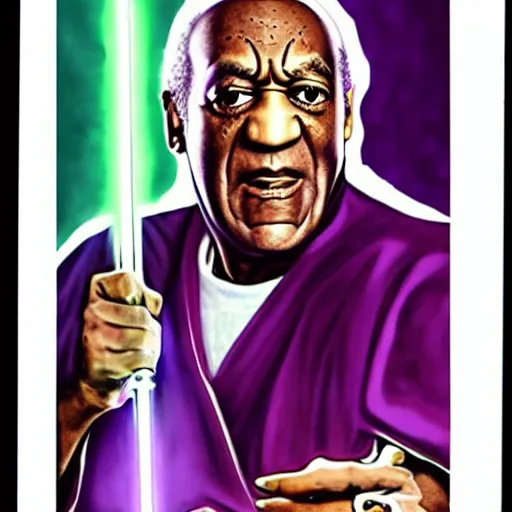 Prompt: Bill Cosby as a jedi with a purple light saber