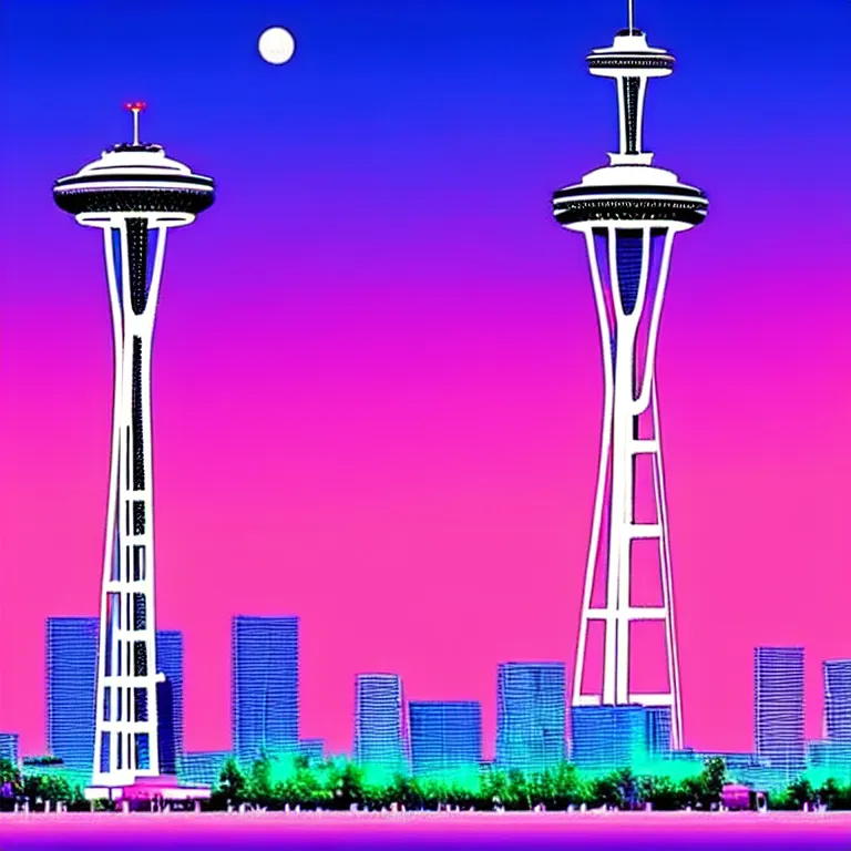 Image similar to a beautiful and balanced vaporwave scene depicting outrun and the space needle