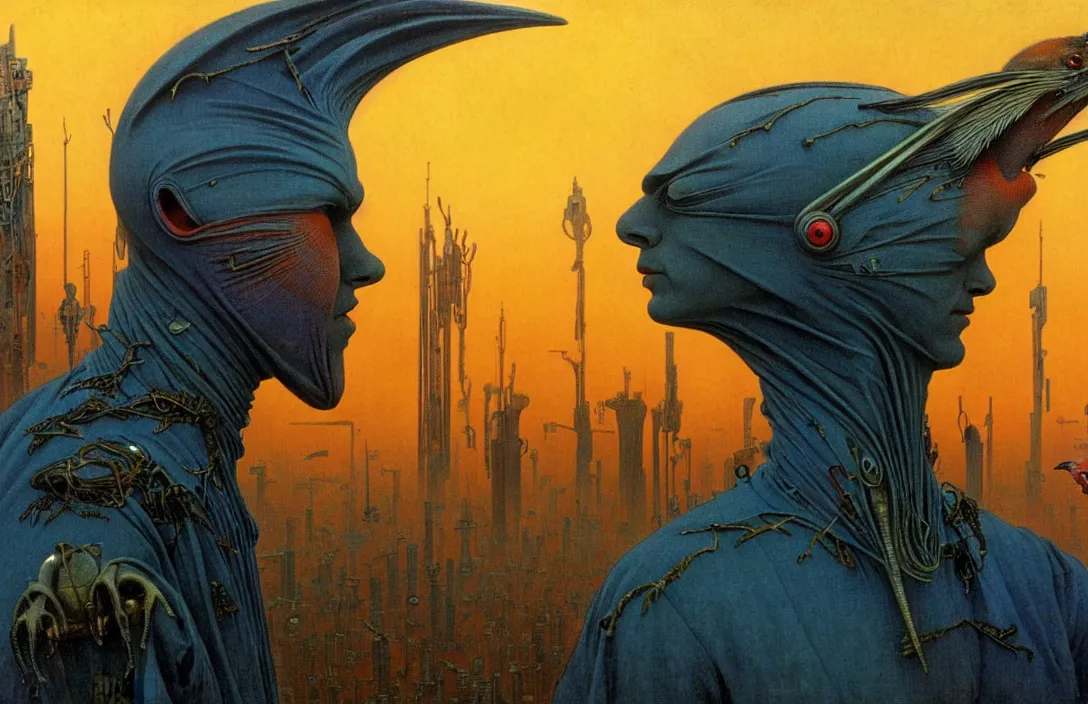 Image similar to realistic detailed portrait movie shot of a birdman wearing dark ragged robes, futuristic city sunset landscape background by denis villeneuve, amano, yves tanguy, alphonse mucha, ernst haeckel, max ernst, roger dean, ridley scott, dynamic closeup composition, rich moody colours, blue eyes, man with a giant birdhead