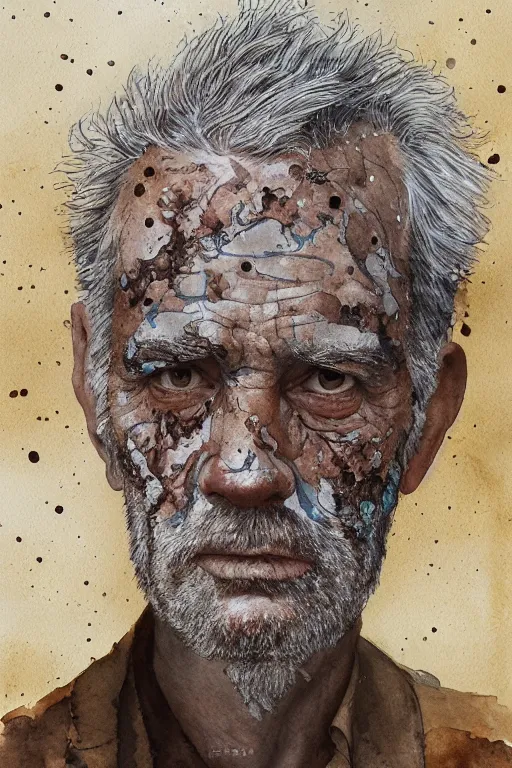 Image similar to portrait of a old man with aquarelle painted skin. close up, very dark brown hair, light eyes, intricate dark flowers pattern background, high detail, by Eddie Mendoza