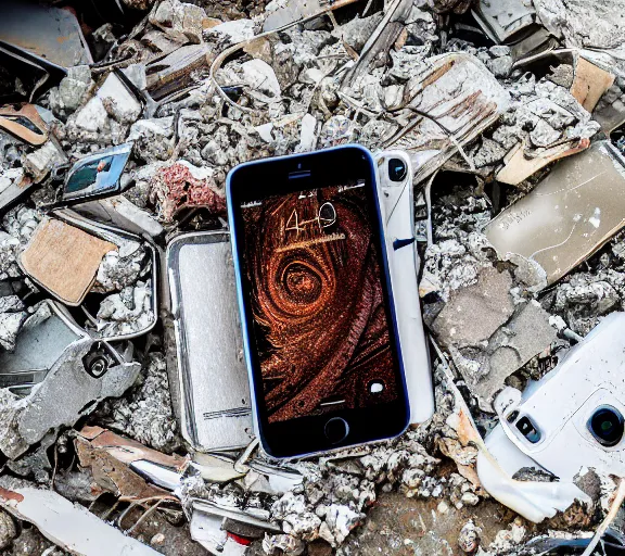 Image similar to an iPhone smartphone in the rubble, ruins.