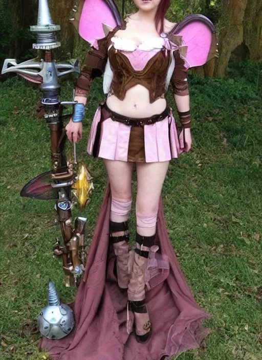 Image similar to Brown hair pink eye female faerie heart paladin planeteer + Tinkerbell +pixie hollow + steampunk + full dress + sparked and a full plate armor + D&D + full body