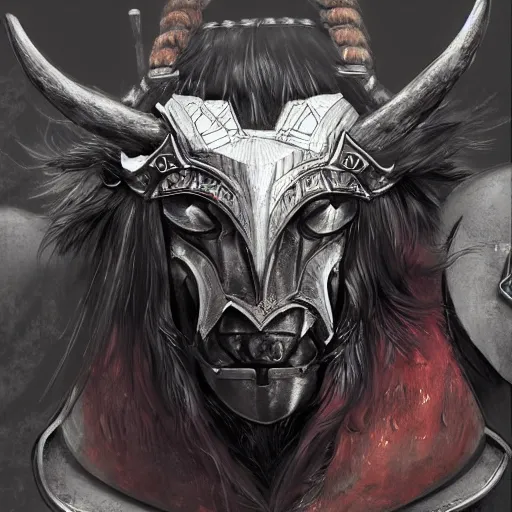 Image similar to a triumphant Minotaur in plate armor with black fur, fantasy concept art, high detail