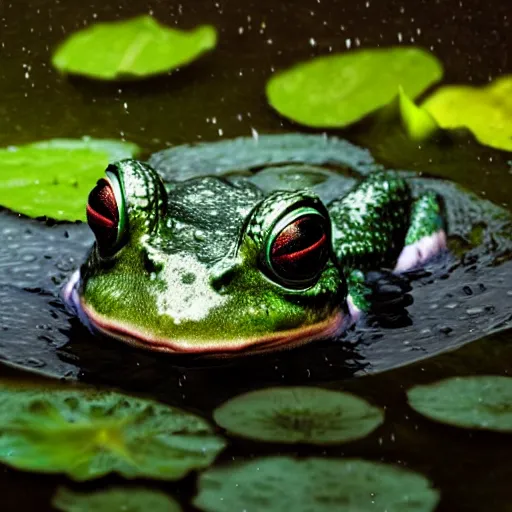 Image similar to dark clouds, close - up of a alien space frog in the pond with water lilies, shallow depth of field, highly detailed, autumn, rain, bad weather, ominous, digital art, masterpiece, matte painting, sharp focus, matte painting, by isaac levitan, asher brown durand,