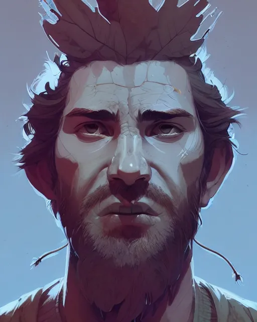 Prompt: hyper - realistic portrait of god of the forest, rugged, male, detailed face, r by atey ghailan, by greg rutkowski, by greg tocchini, by james gilleard, by joe fenton, by kaethe butcher, dynamic lighting, gradient light blue, brown, blonde cream and white color scheme, grunge aesthetic