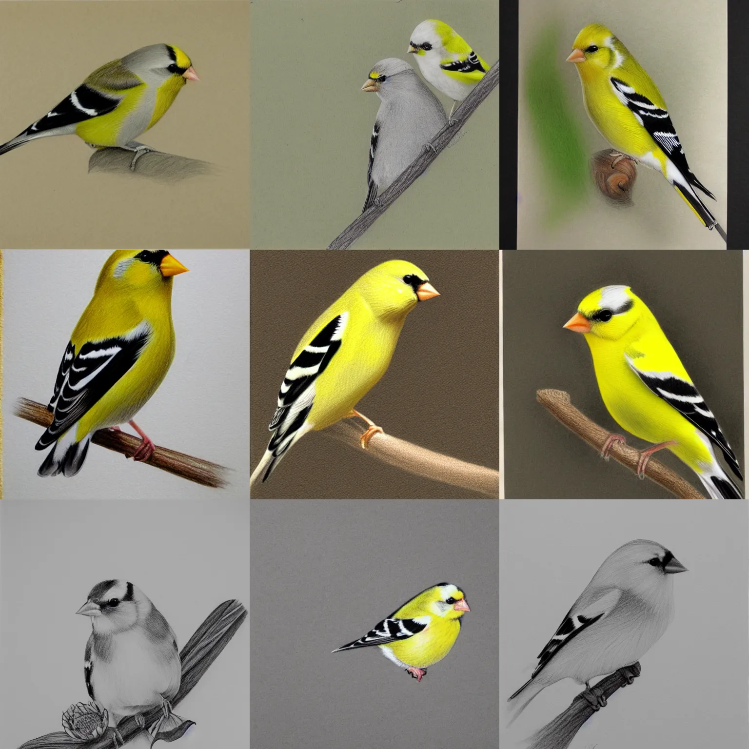 Prompt: pencil drawing of an American goldfinch