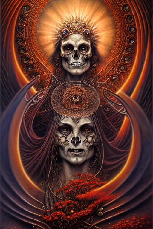 Image similar to A beautiful detailed orixa, tarot card, by tomasz alen kopera and Justin Gerard, symmetrical features, ominous, magical realism, texture, intricate, ornate, royally decorated, skull, skeleton, whirling smoke, embers, red adornements, red torn fabric, radiant colors, fantasy, trending on artstation, volumetric lighting, micro details, 3d sculpture, ray tracing, 8k, anaglyph effect