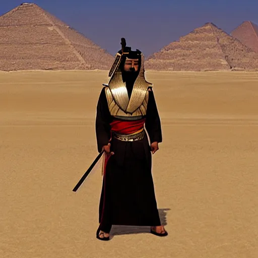 Prompt: egyptian samurai with katana, standing in desert