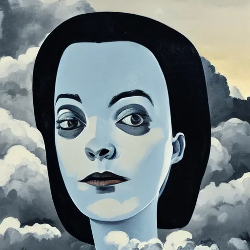 Image similar to close up of the face of beautiful woman, clouds in background, dramatic lighting, painting by neo rauch, highly detailed