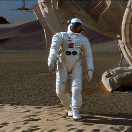 Image similar to katherine waterston wearing a nasa suit in the movie black rain, ultra detailed abandoned buildings under the sand in night arrakis desert, film still from the movie by alejandro jodorowsky with cinematography of christopher doyle, 8 k, unreal engine, art by todd mcfarlane and artgerm and greg rutkowski and alphonse mucha
