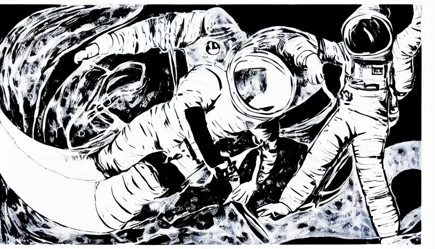 Image similar to travel to the moon in a dream, style of graphic novel, style of dave mckean, black outline, on white, smooth, thin sharp lines, detailed