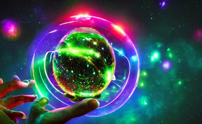 Image similar to enchanted castle, pro - vida, cosmic integration, closeup of a hand holding spheres of power, cosmic color scheme, macro up view, neon, glow, darkness, dramatic, sharp focus, octane render, imax