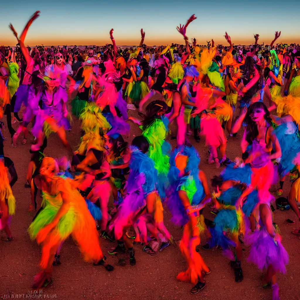 Prompt: colourful techno dancers at festival in the desert, on the edge of a forest, doof, clean, celebration, party, night time australian outback, XF IQ4, 150MP, 50mm, F1.4, ISO 200, 1/160s, sunset