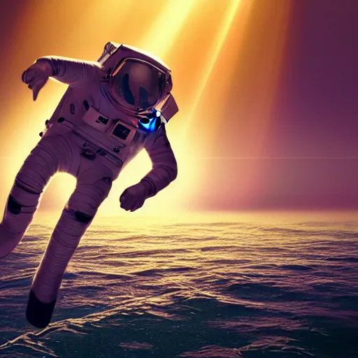 Prompt: an astronaut floating in the middle of deep water being hit by sun rays, trending on art station, atmosphere, concept art, photorealistic, high detailed