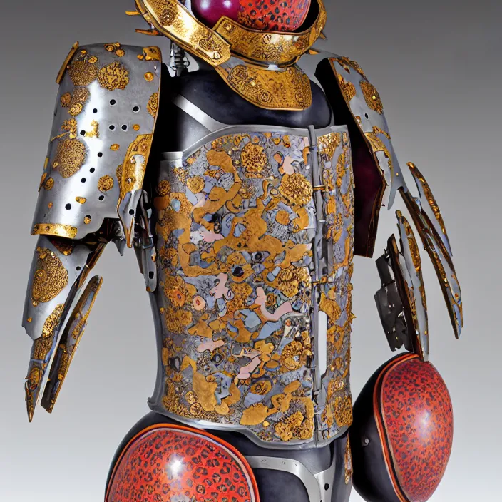 Image similar to ceramic cyborg, Kakiemon design armor with plums and stylized flowers in glaze and gilding Edo period 1670–1690, diffuse lighting, fantasy, intricate, elegant, highly detailed, lifelike, photorealistic, digital painting, artstation, illustration, concept art, smooth, sharp focus, art by John Collier and Albert Aublet and Krenz Cushart and Artem Demura and Alphonse Mucha