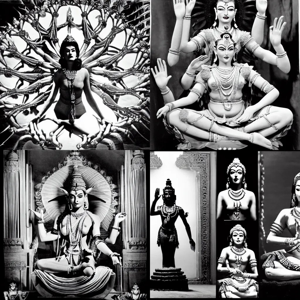 Prompt: sequence of a film with ava gardner playing the role of shiva. ava gardner is seated in the center of an indian room. ava gardner has eight arms and use her eight arms to manipulate several objects. ava gardner is shiva. cinematic, 5 0 mm, highly intricate, award - winning photography, black and white, contrasted