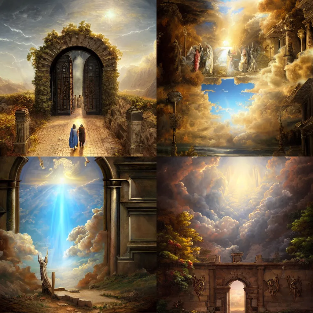 Prompt: illustration of the gate to Heaven, realistic painting, classical painting, high definition, digital art, matte painting, very detailed, realistic