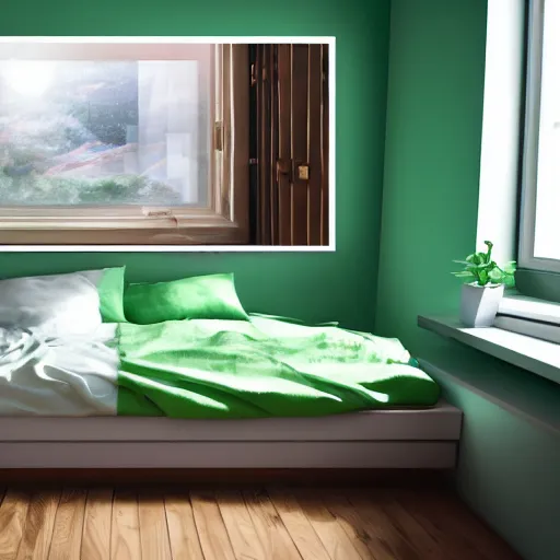 Image similar to small room in tokyo, window open, dawn, computer, green glow on monitor's face, walls anime posters, lots of appliances, small bed not made, hyper realism, photo realism, hyper details, soft light, soft shadows, oil painted, blurred photo