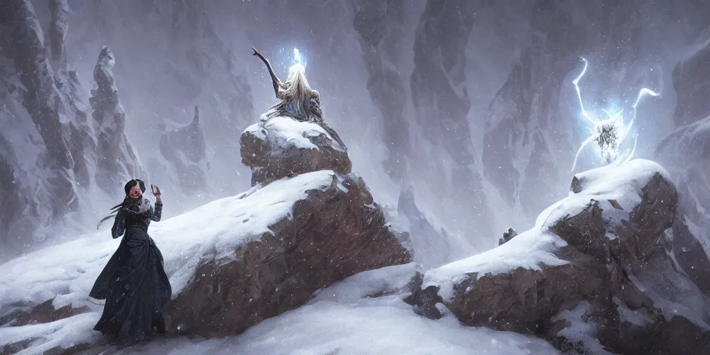 Image similar to a powerful sorceress casting a spell on a snowy mountain top, greg rutkowski, 8 k, shallow depth of field, intricate detail, concept art,