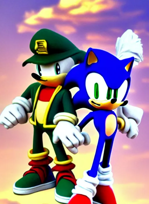 Image similar to sonic the hedgehog and jotaro kujo from jojo's bizarre adventure hanging out, photorealistic