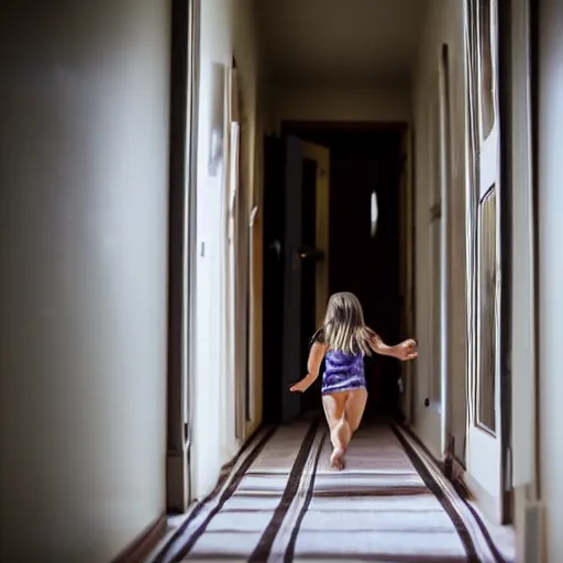 Prompt: a girl running down the hallway of her home, looking back at the camera