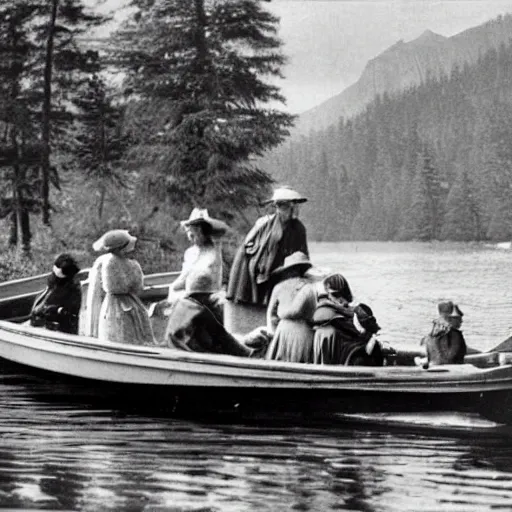 Prompt: by lawren harris monumental, washed - out. the sculpture of a group of well - dressed women & children enjoying a leisurely boat ride on a calm day. the women are chatting & laughing while the children play with a toy boat in the foreground.